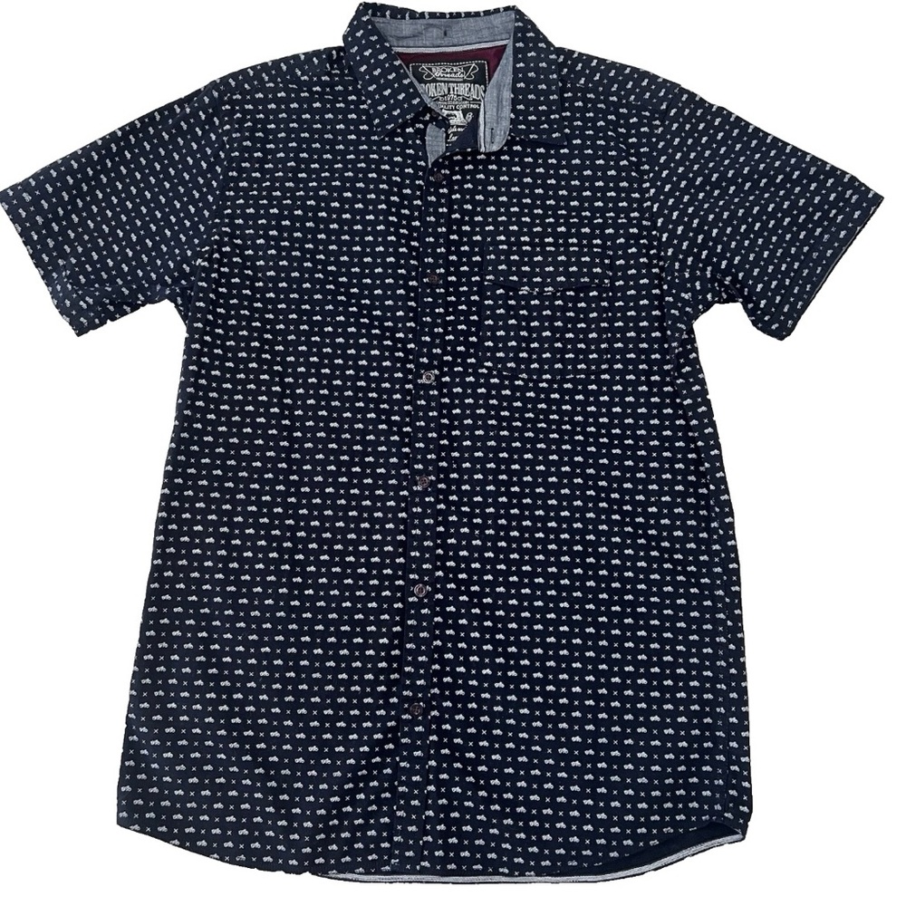 Broken Threads Mens Large Button Short Sleeve Navy Shirt Motorcycle Moto Bike